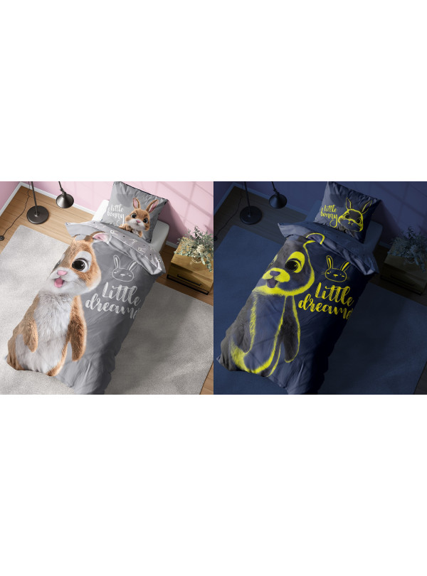 KOMPLET POŚCIELI POŚCIEL 140x200 ŚWIECĄCA W CIEMNOŚCI KRÓLIK KRÓLICZEK BUNNY
