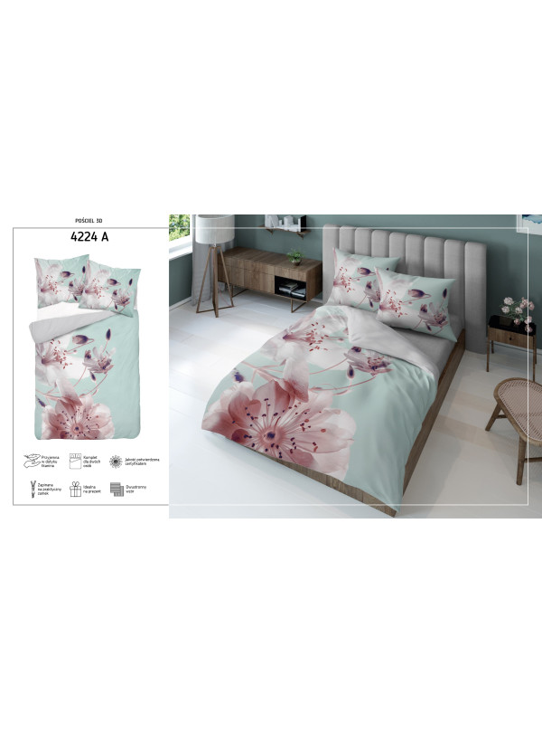 KOMPLET POŚCIELI 160x200 DWUSTRONNA 3D W KWIATY MIĘTOWA 4224_A