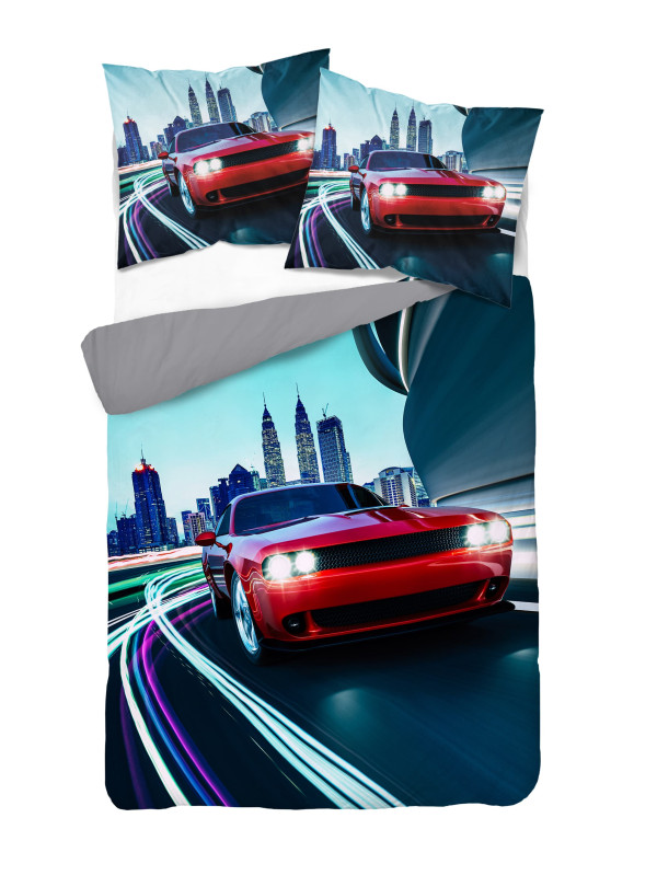 KOMPLET POŚCIELI 160x200 DWUSTRONNA 3D CZERWONY SAMOCHÓD AUTO