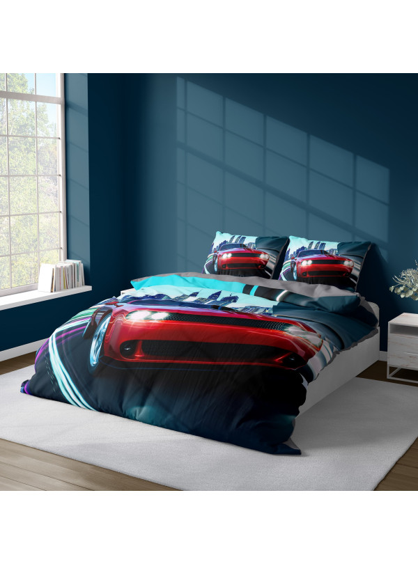 KOMPLET POŚCIELI 160x200 DWUSTRONNA 3D CZERWONY SAMOCHÓD AUTO