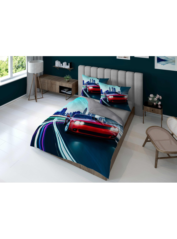 KOMPLET POŚCIELI 160x200 DWUSTRONNA 3D CZERWONY SAMOCHÓD AUTO