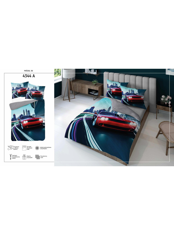 KOMPLET POŚCIELI 160x200 DWUSTRONNA 3D CZERWONY SAMOCHÓD AUTO