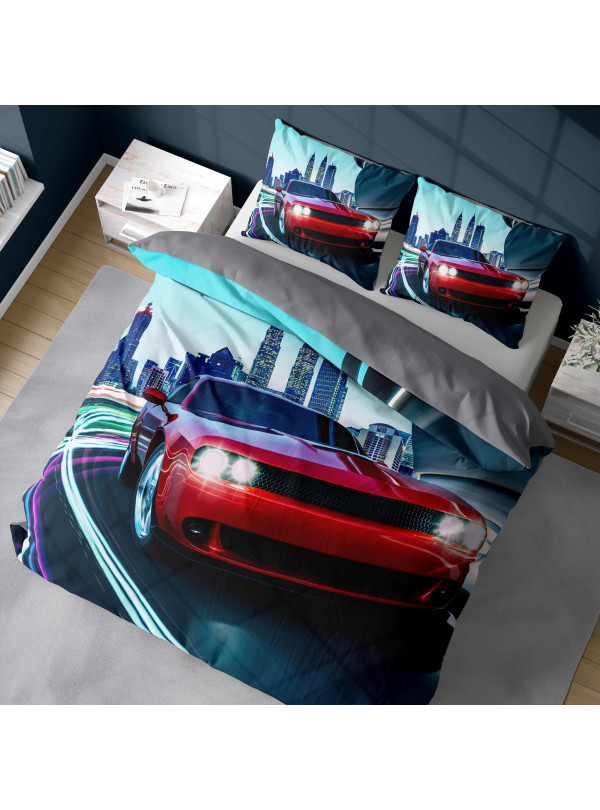 KOMPLET POŚCIELI 160x200 DWUSTRONNA 3D CZERWONY SAMOCHÓD AUTO