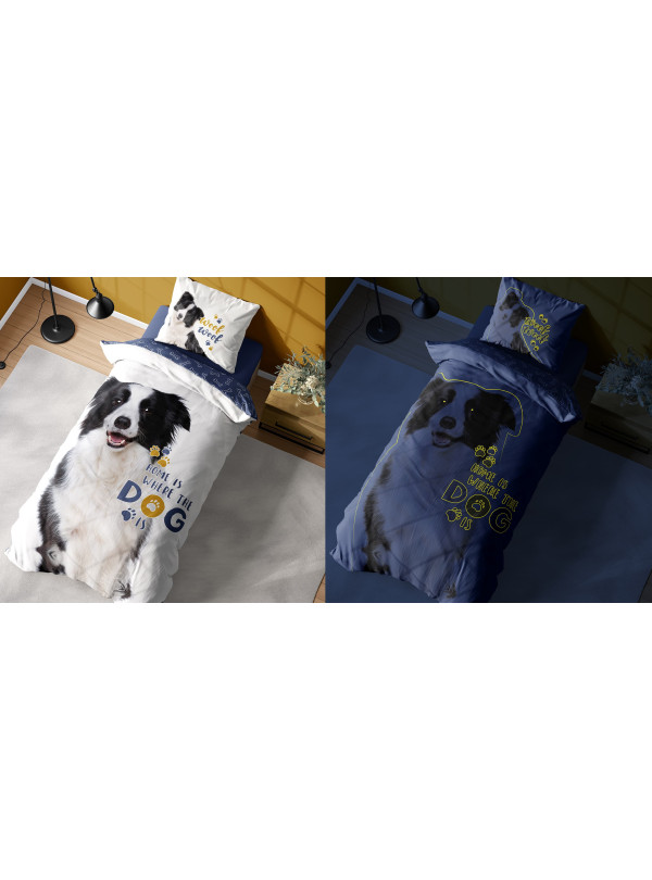 POŚCIEL 140x200 ŚWIECĄCA W CIEMNOŚCI PIES Z PSEM