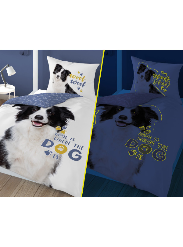POŚCIEL 140x200 ŚWIECĄCA W CIEMNOŚCI PIES Z PSEM
