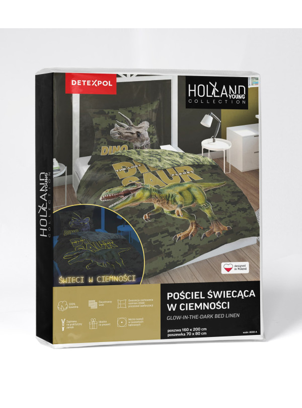 POŚCIEL 160x200 ŚWIECĄCA W CIEMNOŚCI DINOZAUR TYRANOZAUR T-REX