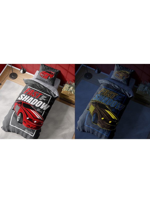 POŚCIEL BAWEŁNIANA 160x200 ŚWIECĄCA W CIEMNOŚCI AUTO CZERWONY SAMOCHÓD