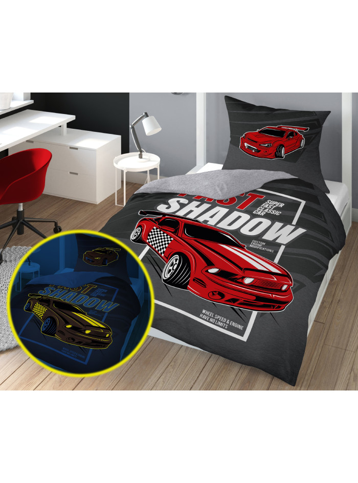 POŚCIEL BAWEŁNIANA 160x200 ŚWIECĄCA W CIEMNOŚCI AUTO CZERWONY SAMOCHÓD