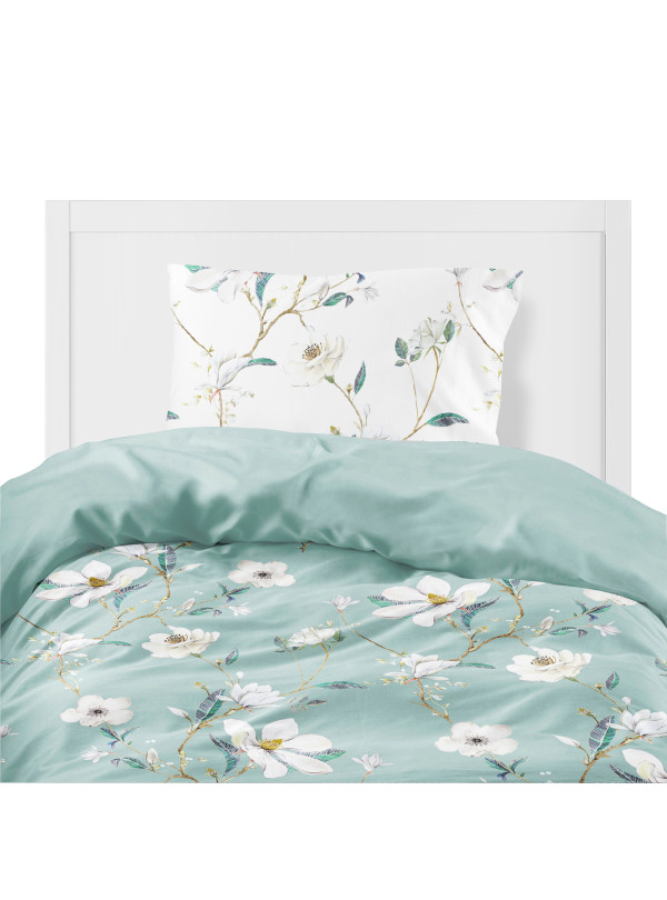 POŚCIEL FLANELOWA 200x220 W KWIATY KWIATOWA BIAŁA MIĘTOWA