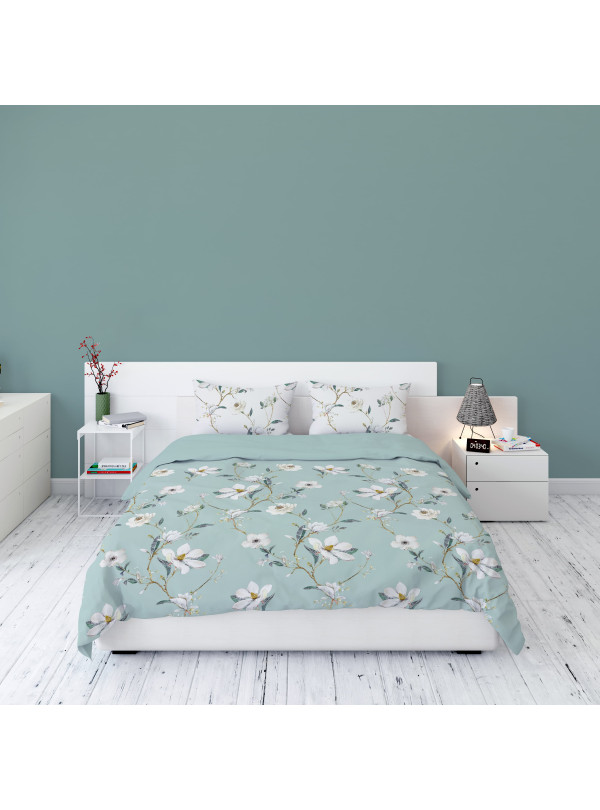 POŚCIEL FLANELOWA 200x220 W KWIATY KWIATOWA BIAŁA MIĘTOWA
