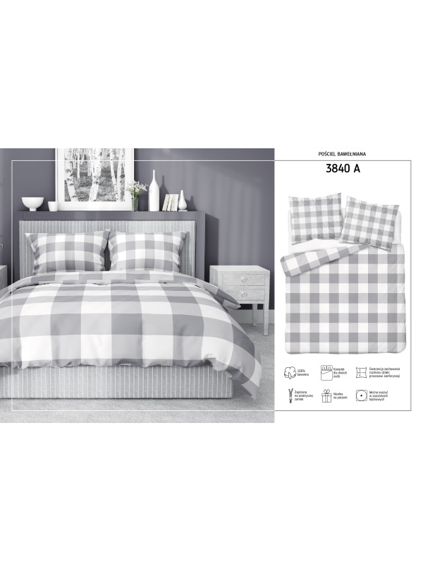POŚCIEL BAWEŁNIANA 200x220 W KRATĘ SZARA