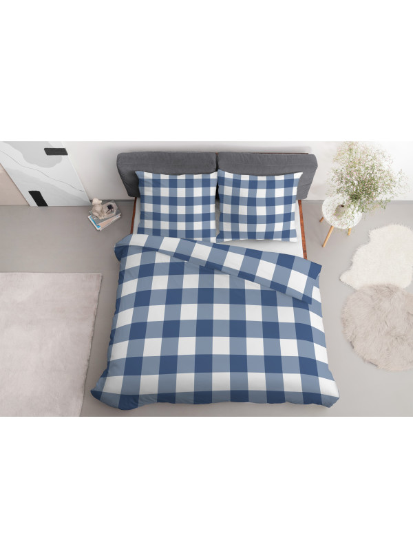 POŚCIEL BAWEŁNIANA 200x220 W KRATĘ NIEBIESKA