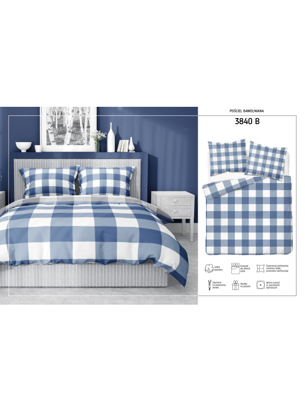 POŚCIEL BAWEŁNIANA 200x220 W KRATĘ NIEBIESKA
