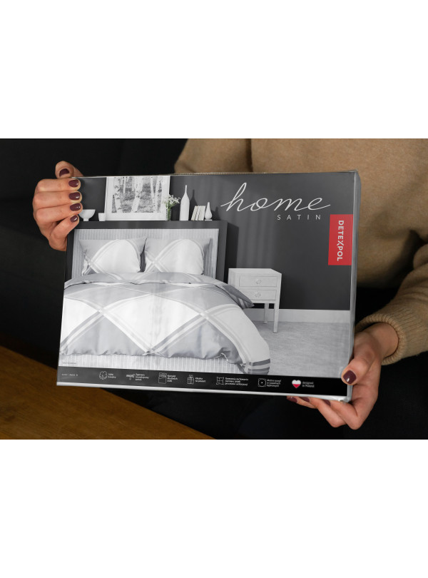 POŚCIEL SATYNA BAWEŁNIANA 180x200 W KRATĘ SZARA