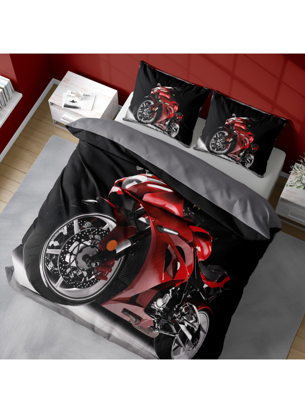 KOMPLET POŚCIELI 160x200 DWUSTRONNA 3D MOTOR ŚCIGACZ CZERWONY