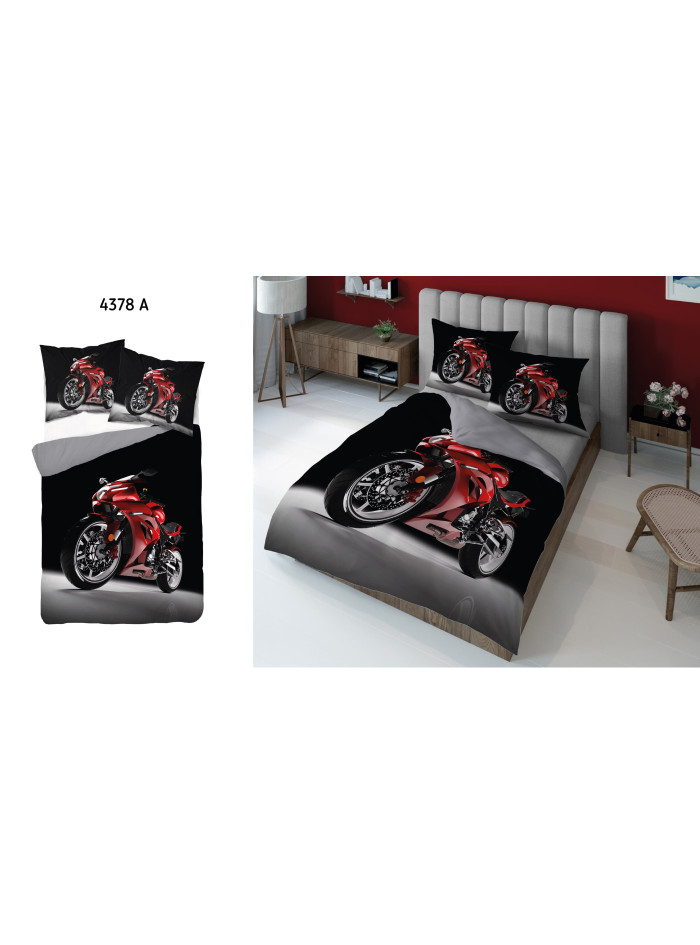 KOMPLET POŚCIELI 160x200 DWUSTRONNA 3D MOTOR ŚCIGACZ CZERWONY