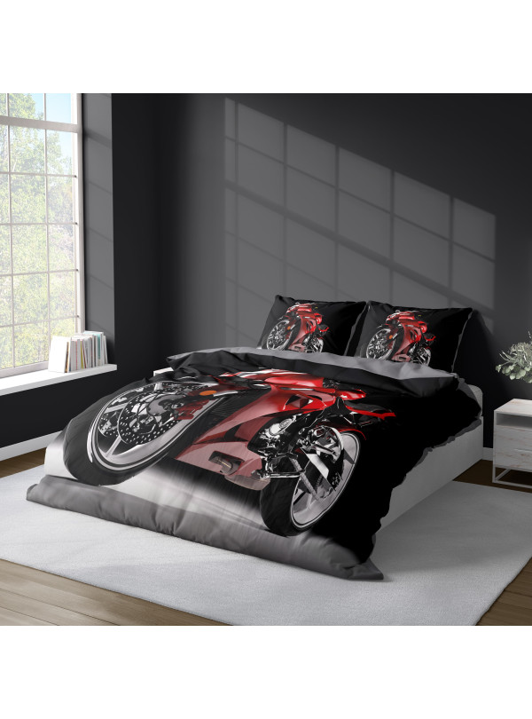KOMPLET POŚCIELI 160x200 DWUSTRONNA 3D MOTOR ŚCIGACZ CZERWONY