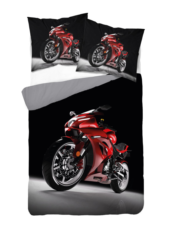 KOMPLET POŚCIELI 160x200 DWUSTRONNA 3D MOTOR ŚCIGACZ CZERWONY