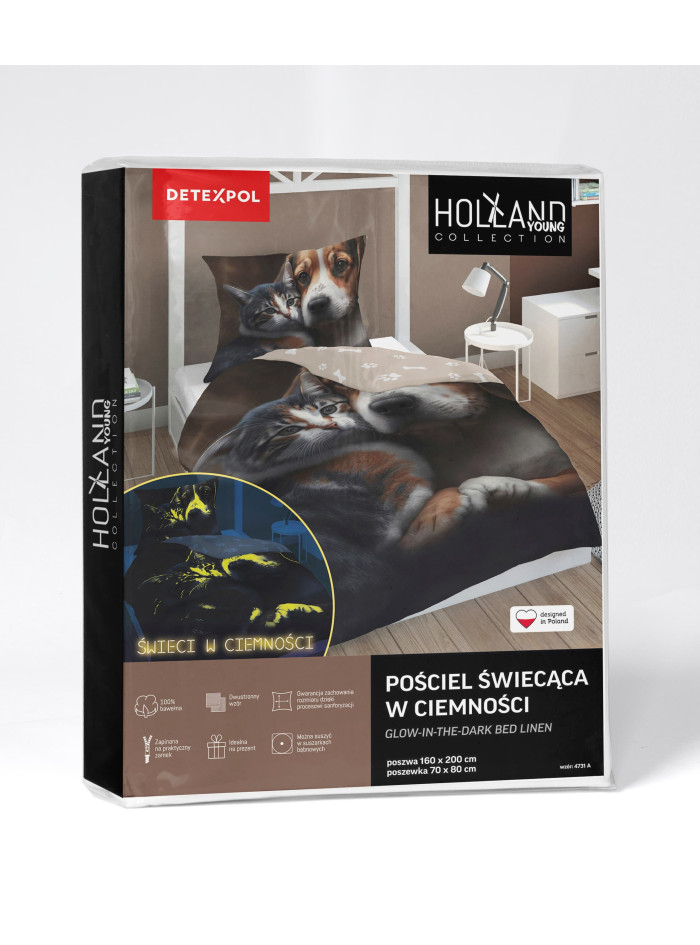 POŚCIEL ŚWIECĄCA W CIEMNOŚCI 140x200 PIES I KOT BRĄZOWA