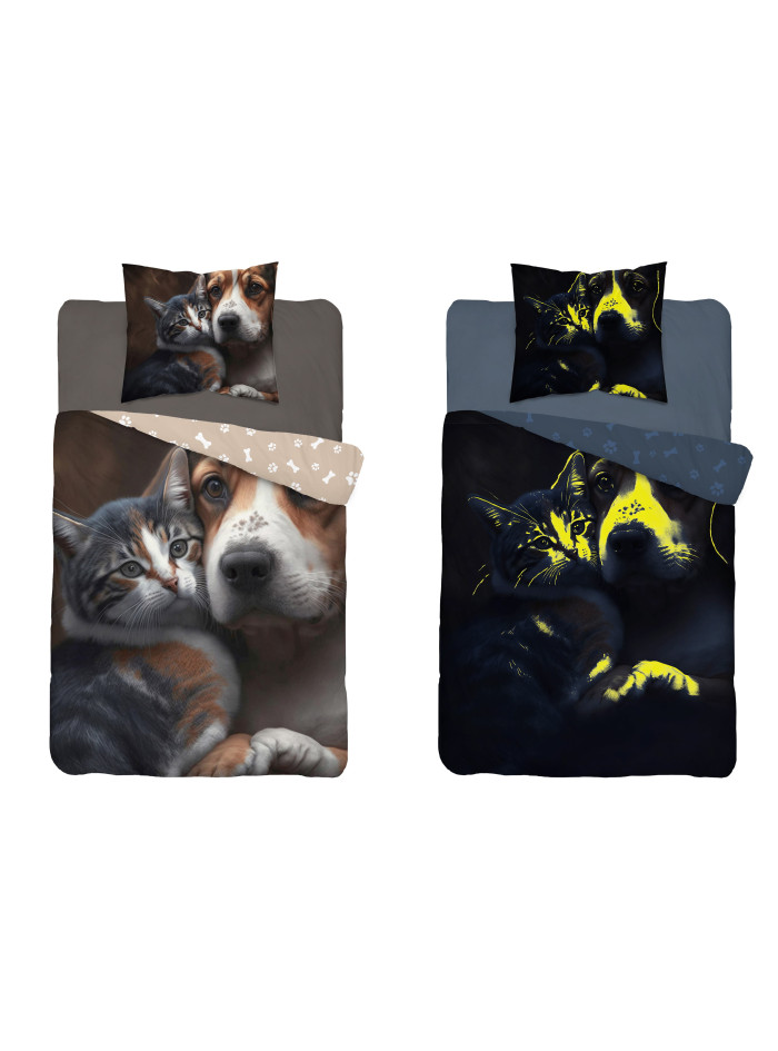 POŚCIEL ŚWIECĄCA W CIEMNOŚCI 140x200 PIES I KOT BRĄZOWA