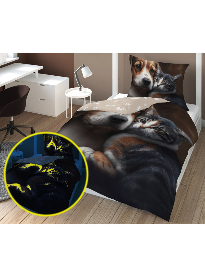 POŚCIEL ŚWIECĄCA W CIEMNOŚCI 140x200 PIES I KOT BRĄZOWA