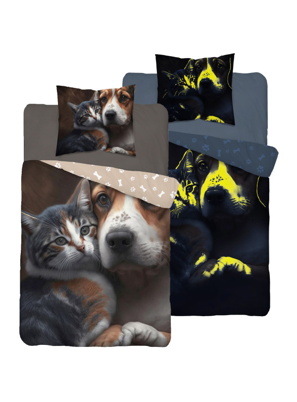 POŚCIEL ŚWIECĄCA W CIEMNOŚCI 140x200 PIES I KOT BRĄZOWA
