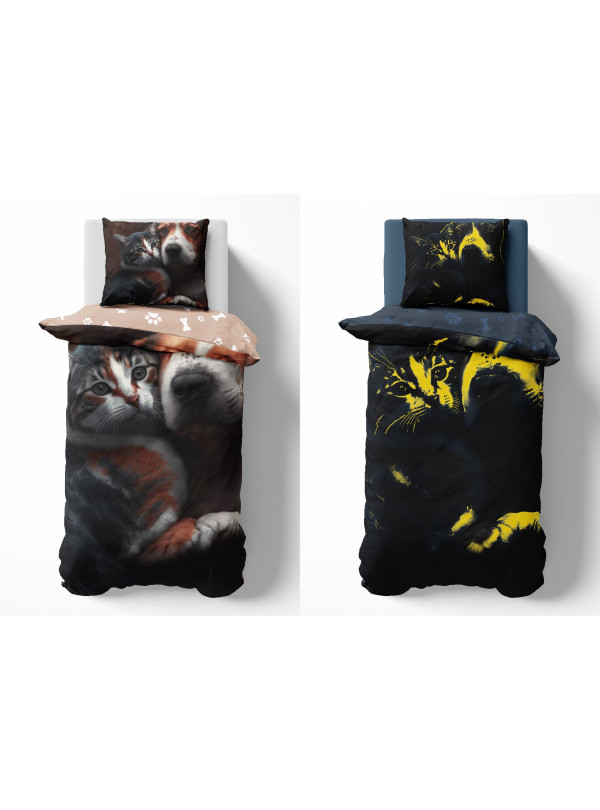 POŚCIEL ŚWIECĄCA W CIEMNOŚCI 140x200 PIES I KOT BRĄZOWA