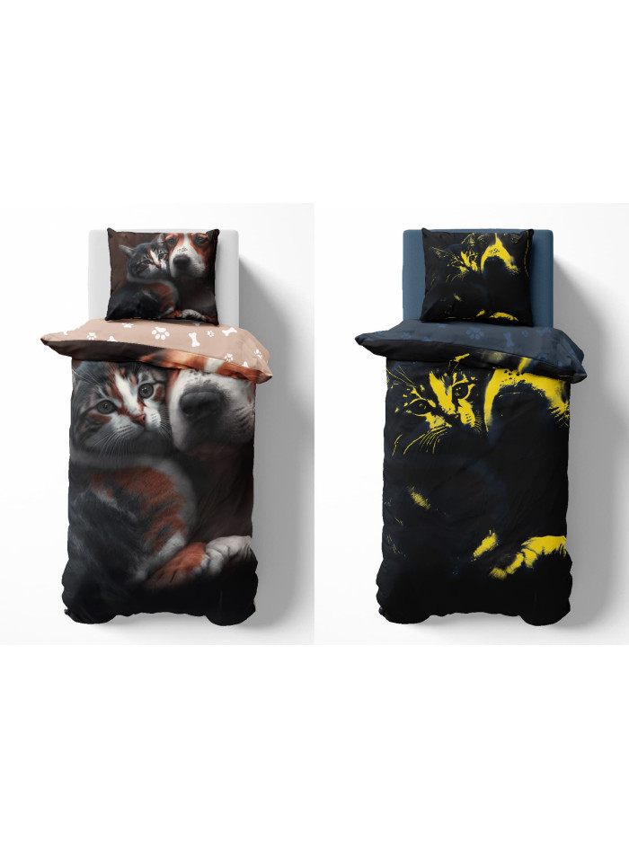 POŚCIEL ŚWIECĄCA W CIEMNOŚCI 140x200 PIES I KOT BRĄZOWA