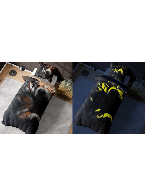 POŚCIEL ŚWIECĄCA W CIEMNOŚCI 140x200 PIES I KOT BRĄZOWA