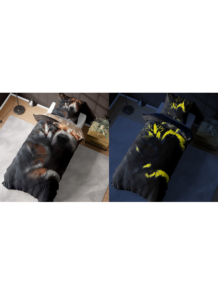 POŚCIEL ŚWIECĄCA W CIEMNOŚCI 140x200 PIES I KOT BRĄZOWA