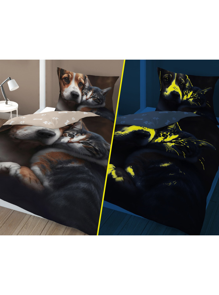 POŚCIEL ŚWIECĄCA W CIEMNOŚCI 140x200 PIES I KOT BRĄZOWA