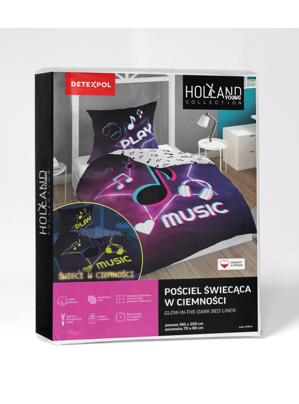 POŚCIEL 140x200 ŚWIECĄCA W CIEMNOŚCI MUZYKA NUTY SŁUCHAWKI