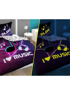 POŚCIEL 140x200 ŚWIECĄCA W CIEMNOŚCI MUZYKA NUTY SŁUCHAWKI 2