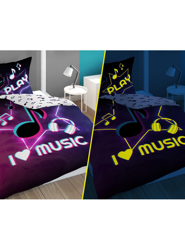POŚCIEL 140x200 ŚWIECĄCA W CIEMNOŚCI MUZYKA NUTY SŁUCHAWKI