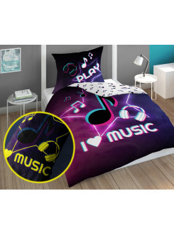 POŚCIEL 140x200 ŚWIECĄCA W CIEMNOŚCI MUZYKA NUTY SŁUCHAWKI