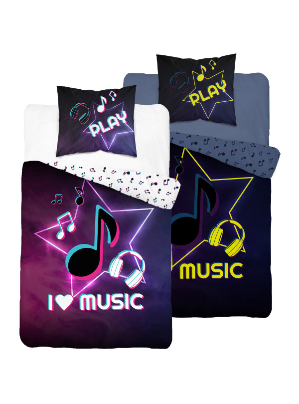 POŚCIEL 140x200 ŚWIECĄCA W CIEMNOŚCI MUZYKA NUTY SŁUCHAWKI