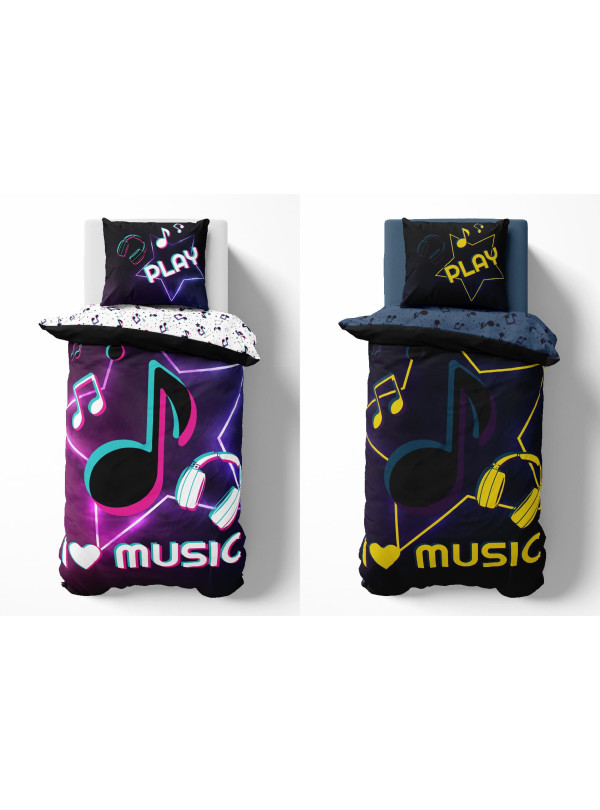 POŚCIEL 140x200 ŚWIECĄCA W CIEMNOŚCI MUZYKA NUTY SŁUCHAWKI