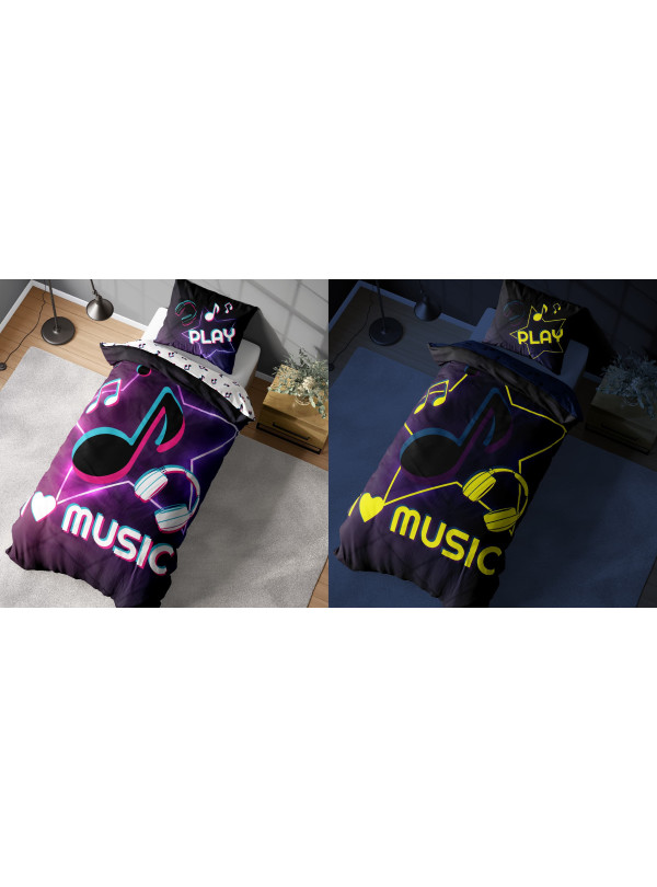 POŚCIEL 140x200 ŚWIECĄCA W CIEMNOŚCI MUZYKA NUTY SŁUCHAWKI