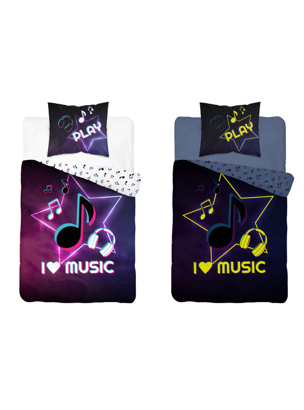 POŚCIEL 140x200 ŚWIECĄCA W CIEMNOŚCI MUZYKA NUTY SŁUCHAWKI