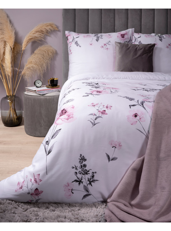 POŚCIEL SATYNA BAWEŁNIANA 160x200 KWIATOWA BIAŁA