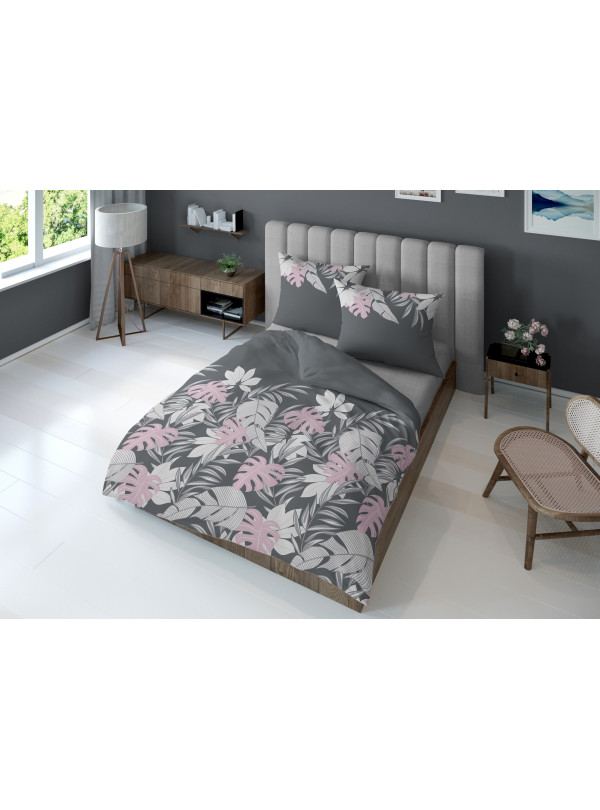 KOMPLET POŚCIELI 160x200 SZARA W RÓŻOWE KWIATY