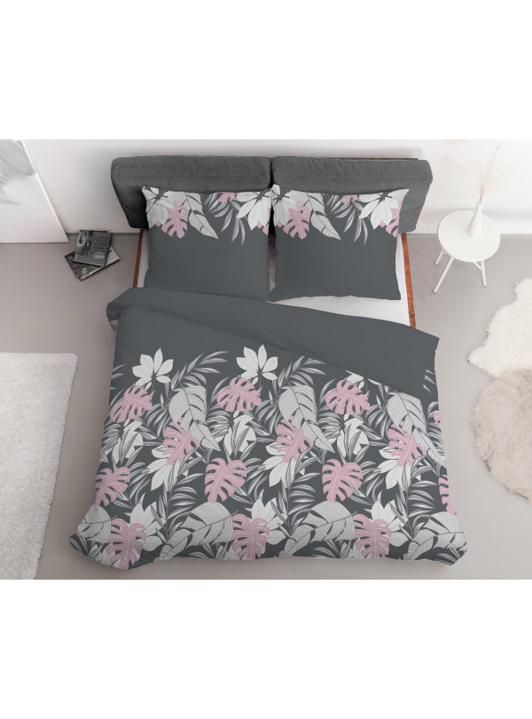 KOMPLET POŚCIELI 160x200 SZARA W RÓŻOWE KWIATY