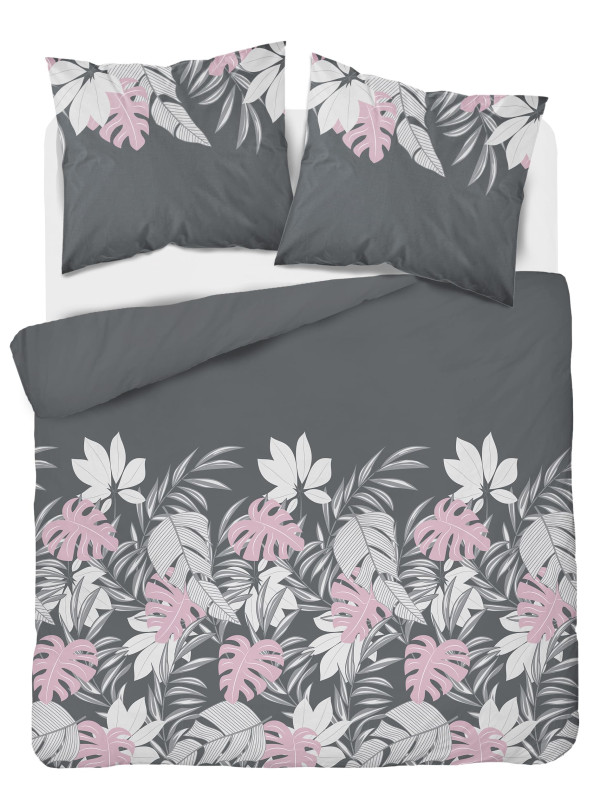 KOMPLET POŚCIELI 160x200 SZARA W RÓŻOWE KWIATY