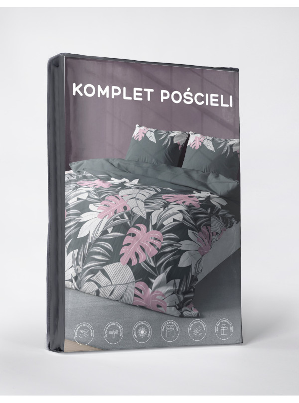 KOMPLET POŚCIELI 200x220 SZARA W RÓŻOWE KWIATY