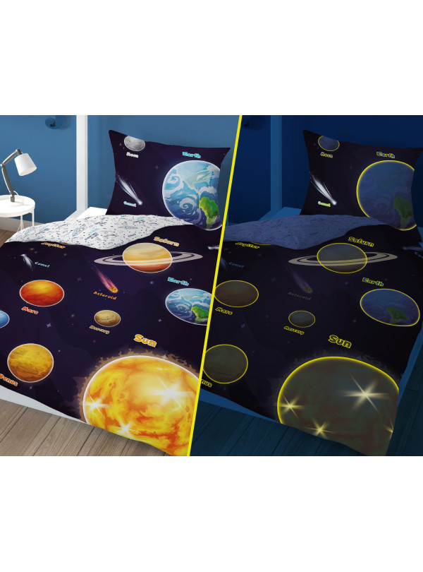 POŚCIEL 140x200 ŚWIECĄCA W CIEMNOŚCI KOSMOS PLANETY UKŁAD SŁONECZNY