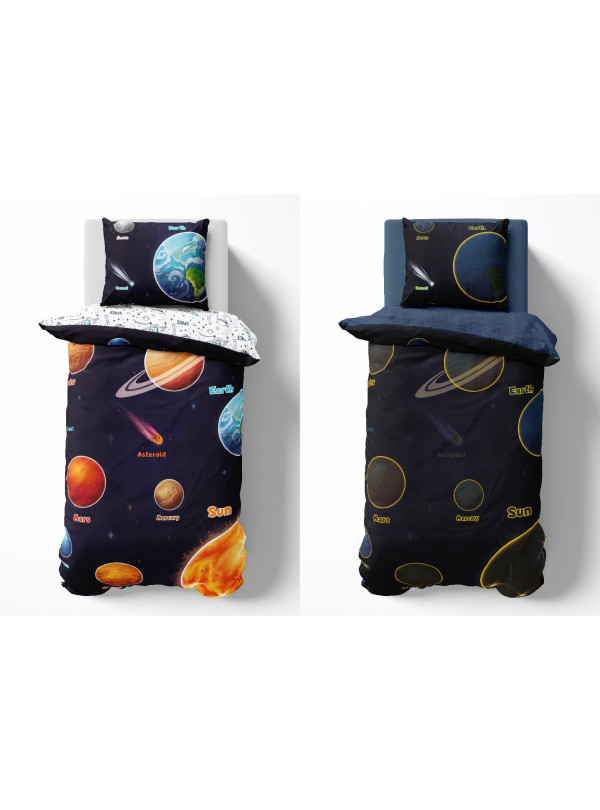 POŚCIEL 140x200 ŚWIECĄCA W CIEMNOŚCI KOSMOS PLANETY UKŁAD SŁONECZNY