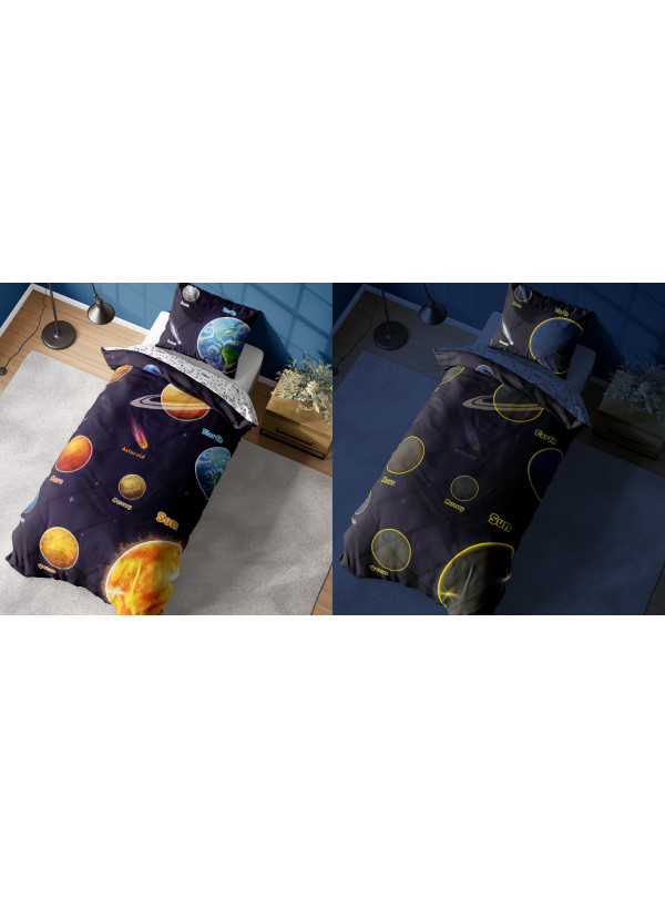 POŚCIEL 140x200 ŚWIECĄCA W CIEMNOŚCI KOSMOS PLANETY UKŁAD SŁONECZNY