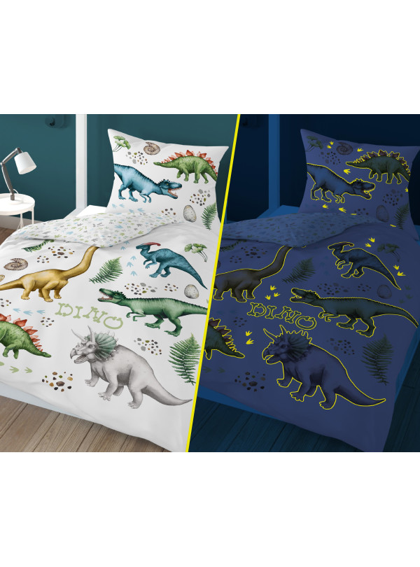POŚCIEL 160x200 ŚWIECĄCA W CIEMNOŚCI DINOZAURY TYRANOZAUR TRICERATOPS