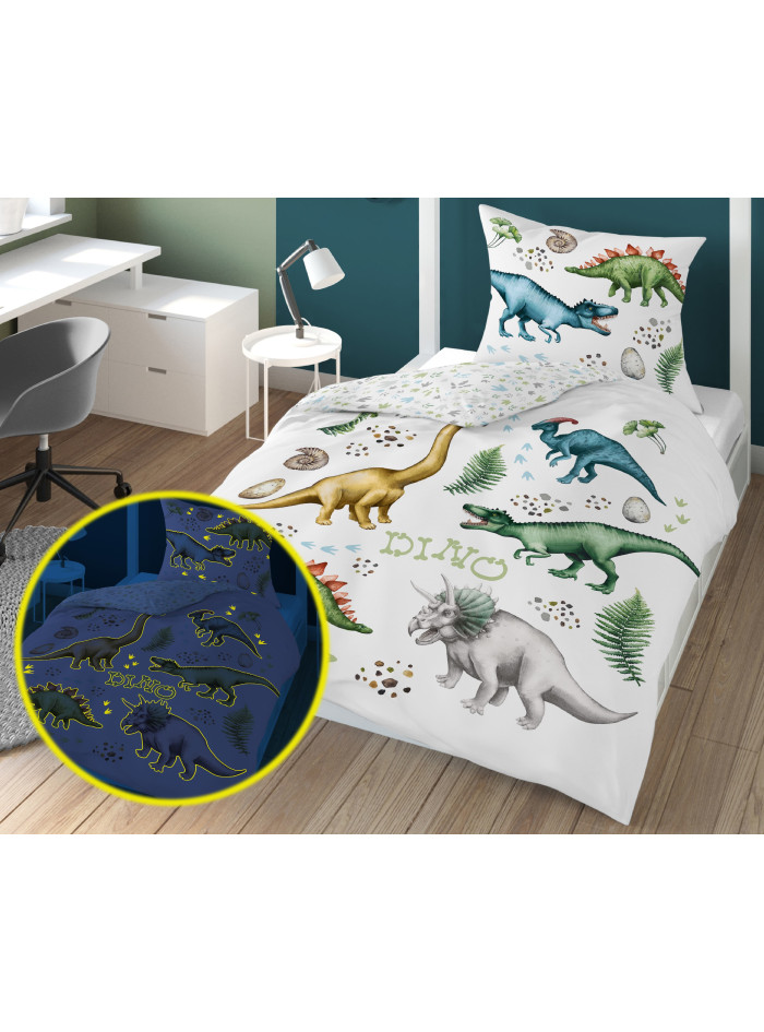 POŚCIEL 160x200 ŚWIECĄCA W CIEMNOŚCI DINOZAURY TYRANOZAUR TRICERATOPS