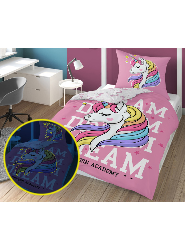 POŚCIEL 140x200 ŚWIECĄCA W CIEMNOŚCI JEDNOROŻEC RÓZÓWA 4235_A